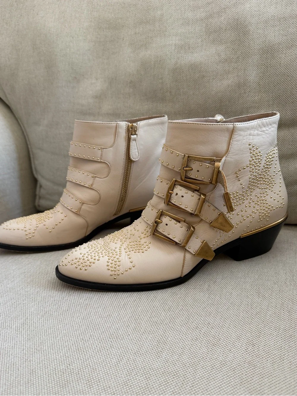 Chloe Susanna Cream Studded Leather Ankle Boots Sz 37